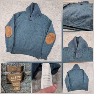 J Crew Women Merino Wool Slim Blue Shawl Collar Leather Elbow Patch Sweater READ
